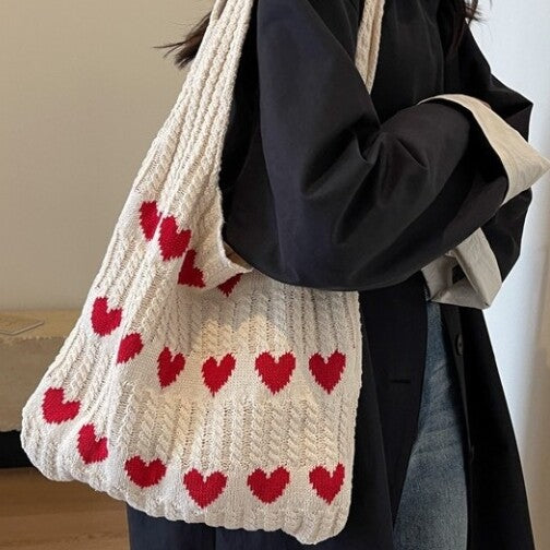 Sac fourre-tout tricoté graphique Love Heart, sac à bandoulière tissé à la mode